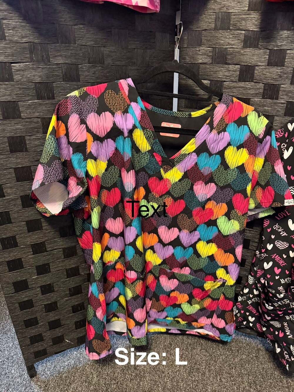 Agape Colorful Scribble Heart Print V-Neck Scrub Top Size L